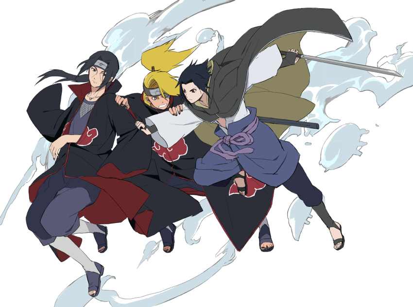 3boys, akatsuki_uniform, black_eyes, black_hair, black_sandals, bodysuit, brothers, cloak