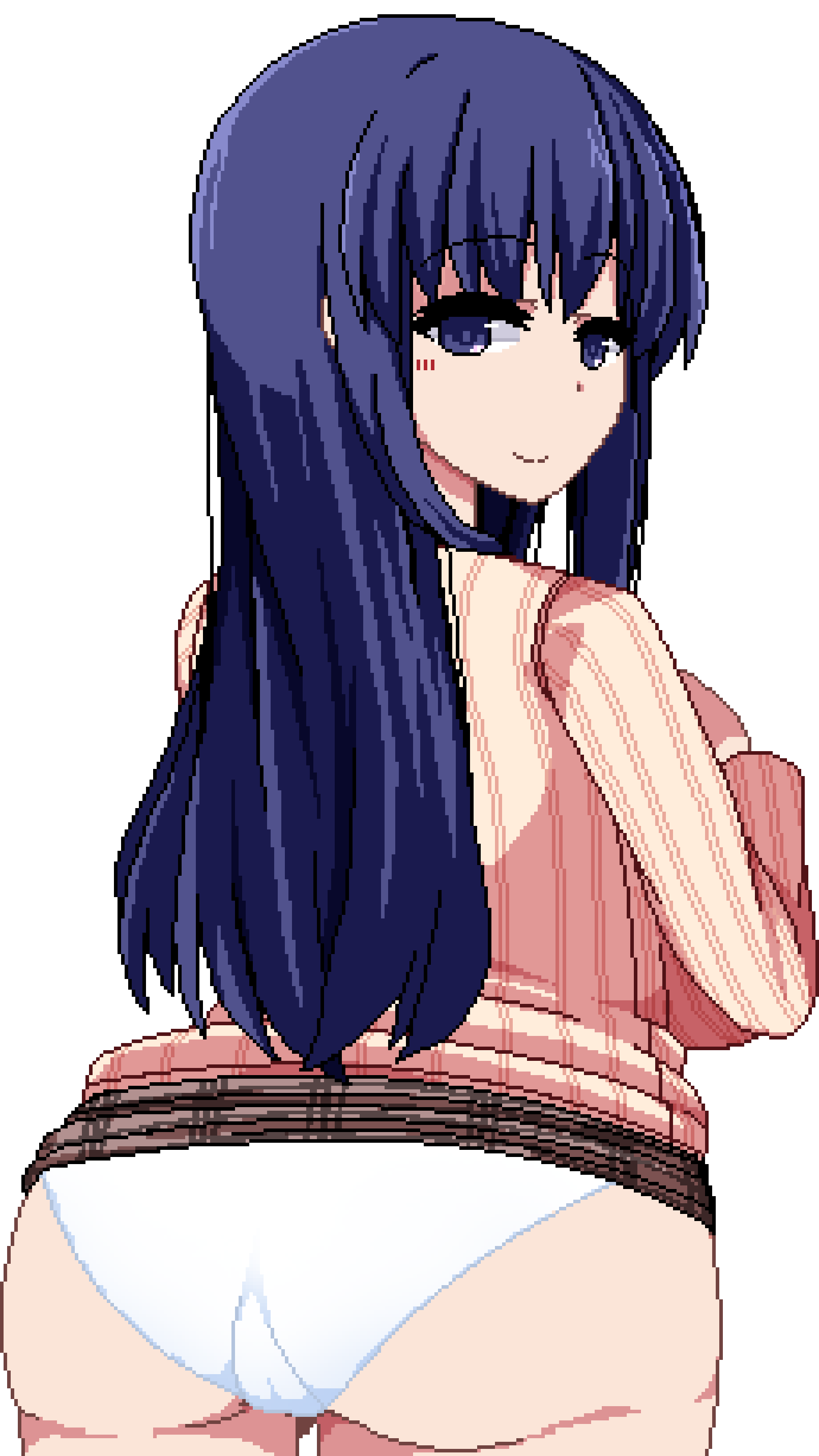 1girl, absurdres, artist_request, blue_eyes, blush, breasts, closed_mouth, game_cg, highres, large_breasts, long_hair, looking_at_viewer, looking_back, non-web_source, panties, pixel_art, simple_background, smile, solo, source_request, underwear, white_background, white_panties, winter_memories, yui_(winter_memories)