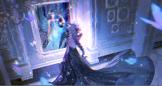 1boy, 1girl, animated, animated_gif, arm_warmers, backless_dress, backless_outfit, bare_back, bare_shoulders, black_arm_warmers, black_dress, blue_butterfly, blue_dress, blue_hair, bracelet, braid, bug, butterfly, butterfly_hair_ornament, butterfly_tattoo, butterfly_wings, chandelier, checkered_floor, crossdressing, crossdressing_(mtf), different_reflection, dress, evangelos_(shining_nikki), face-to-face, flower, from_behind, full_body, gown, green_flower, grey_hair, hair_flower, hair_ornament, hallway, holding, holding_lantern, holding_own_dress, indoors, insect, insect_wings, jewelry, lantern, light_particles, lightweaving_kiss_(shining_nikki), long_dress, long_hair, looping_animation, mirror, nephiliet, nikki_(series), painting_(object), pillar, purple_wings, reflection, sapphire_dreaming_(shining_nikki), shining_nikki, shoulder_blades, shoulder_tattoo, single_braid, sleeveless, sleeveless_dress, standing, tattoo, trap, watermark, weibo_watermark, wings, wisteria, zangzang_shi_yi_zhi_jianlian_zanghu