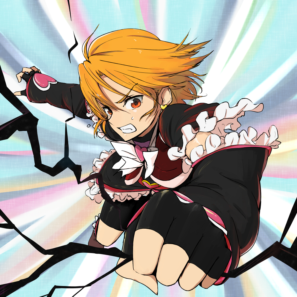 00s, 1girl, angry, ayatori_(238676), ayatori_(sensei_heroism), black_gloves, brooch, brown_eyes, brown_hair, clenched_hand, clenched_teeth, cure_black, dress, earrings, female_focus, fingerless_gloves, futari_wa_precure, futari_wa_precure_max_heart, gloves, heart, heart_brooch, jewelry, magical_girl, misumi_nagisa, multicolored_background, precure, short_hair, shorts, solo, teeth