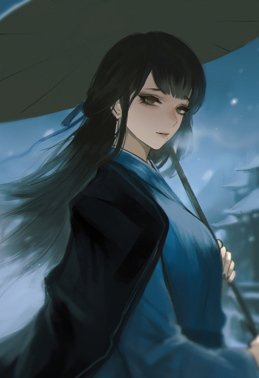 1girl, architecture, black_capelet, black_eyes, black_hair, black_nails, blue_kimono, blue_ribbon