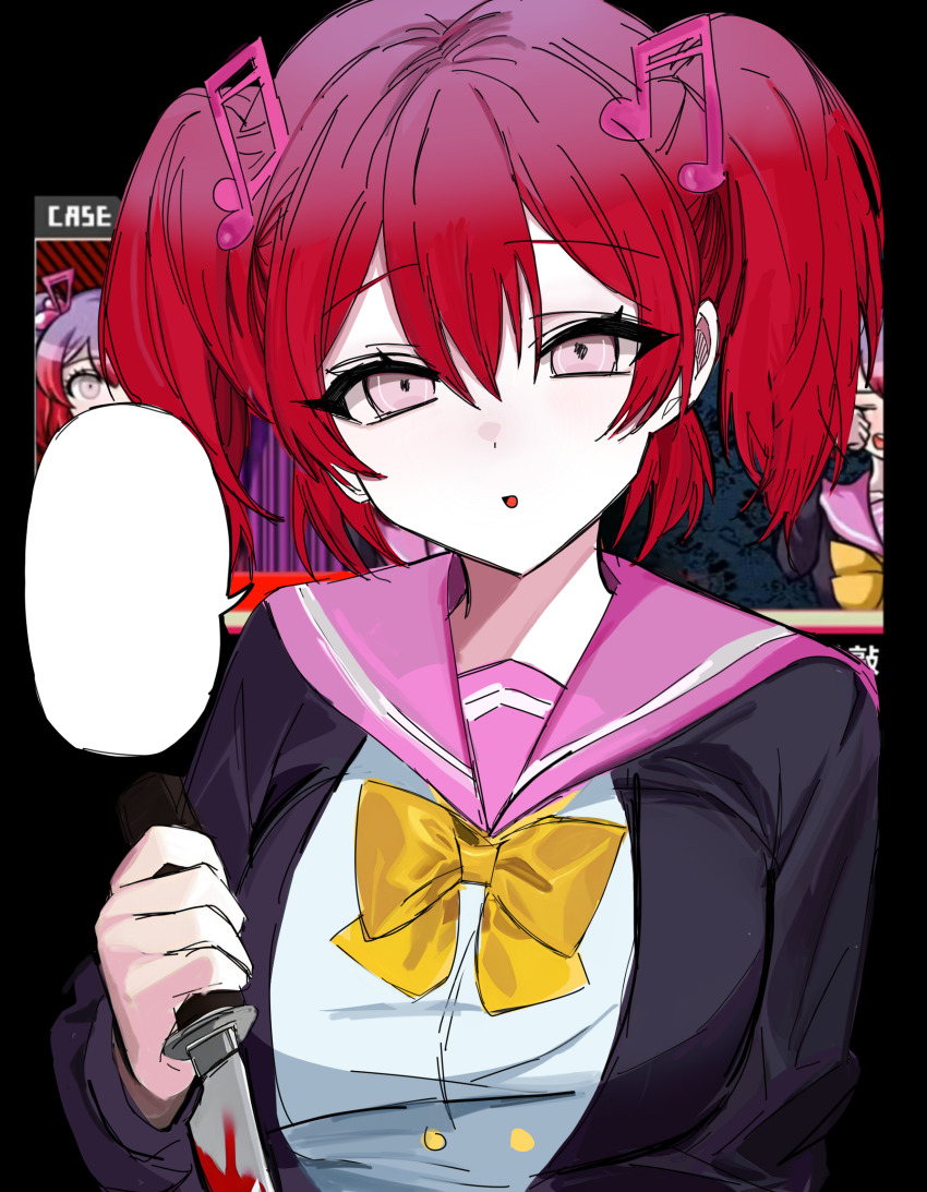 1girl, black_jacket, blood, bloody_weapon, bow, bowtie, danganronpa_another, double-parted_bangs