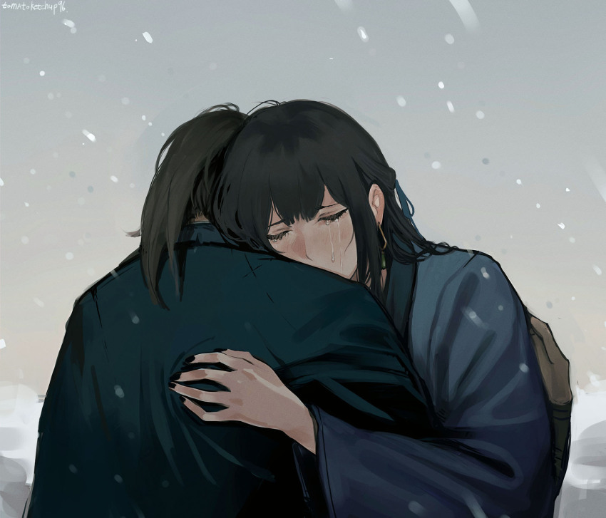 1girl, 1other, black_hair, black_nails, blue_robe, blush, character_request, chinese_commentary