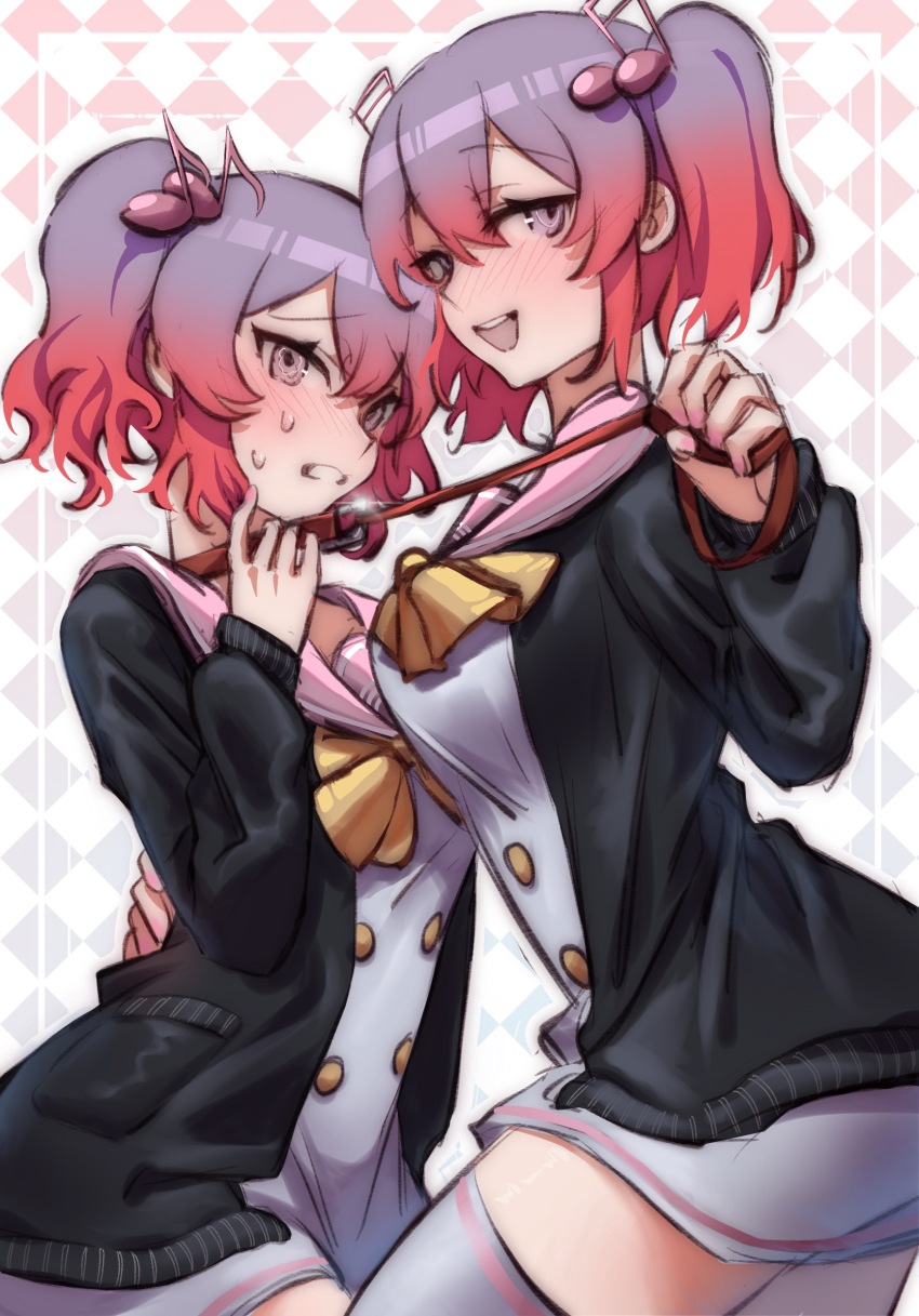 2girls, black_cardigan, blush, bow, bowtie, breasts, buttons, cardigan, clenched_teeth, collar, danganronpa_another, dress, fortissimo, gradient_hair, hair_between_eyes, hair_ornament, hand_on_another's_back, highres, holding, holding_leash, huidu, incest, leash, long_sleeves, medium_breasts, multicolored_hair, multiple_girls, musical_note, musical_note_hair_ornament, open_cardigan, open_clothes, open_mouth, otonokoji_hibiki, otonokoji_kanade, pink_eyes, pink_sailor_collar, pocket, purple_hair, red_collar, red_hair, sailor_collar, sailor_dress, short_dress, short_hair, siblings, sisters, smile, super_danganronpa_another_2, sweat, teeth, thighhighs, twins, twintails, two-tone_hair, upper_teeth_only, variant_set, white_dress, white_thighhighs, yellow_bow, yellow_bowtie, yuri