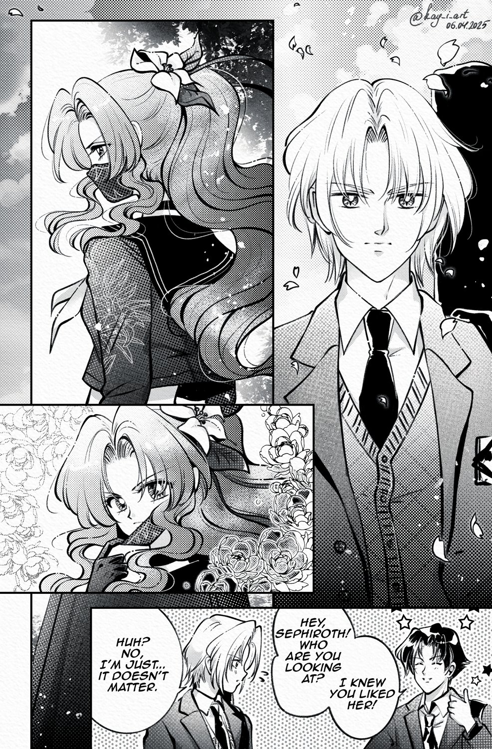 1girl, 2boys, aerith_gainsborough, aerith_gainsborough_(midgard_seventh_high_school), angeal_hewley, angeal_hewley_(shinra_private_academy), black_gloves, black_hair, black_mask, black_necktie, black_sailor_collar, breasts, cardigan, closed_eyes, collared_shirt, crop_top, dated, falling_petals, final_fantasy, final_fantasy_vii, final_fantasy_vii:_ever_crisis, flower, furrowed_brow, gloves, grey_jacket, grey_shirt, greyscale, hair_flower, hair_ornament, hair_ribbon, highres, jacket, kay-i, mask, mask_pull, medium_breasts, midriff, monochrome, mouth_mask, multiple_boys, necktie, official_alternate_costume, parted_bangs, parted_lips, petals, ponytail, retro_artstyle, ribbon, sailor_collar, school_uniform, screentones, sephiroth, sephiroth_(ever_crisis), sephiroth_(shinra_private_academy), shirt, short_hair, sidelocks, smile, suit_jacket, twitter_username, white_shirt