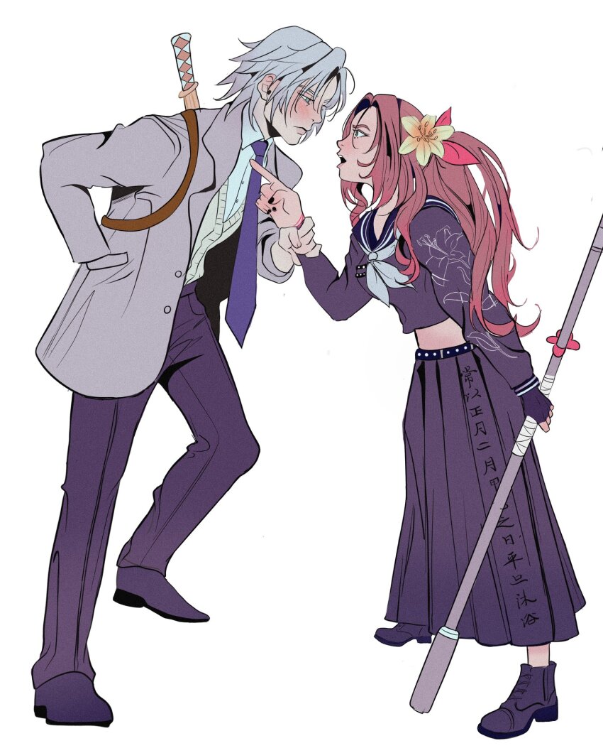 1boy, 1girl, aerith_gainsborough, aerith_gainsborough_(midgard_seventh_high_school), aqua_eyes, banditsecrets, belt, black_belt