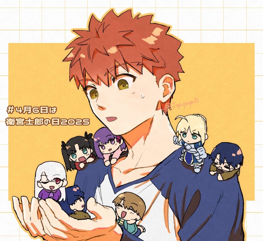 3boys, 5girls, armor, artoria_pendragon_(fate), black_hair, blonde_hair, brown_eyes, chibi