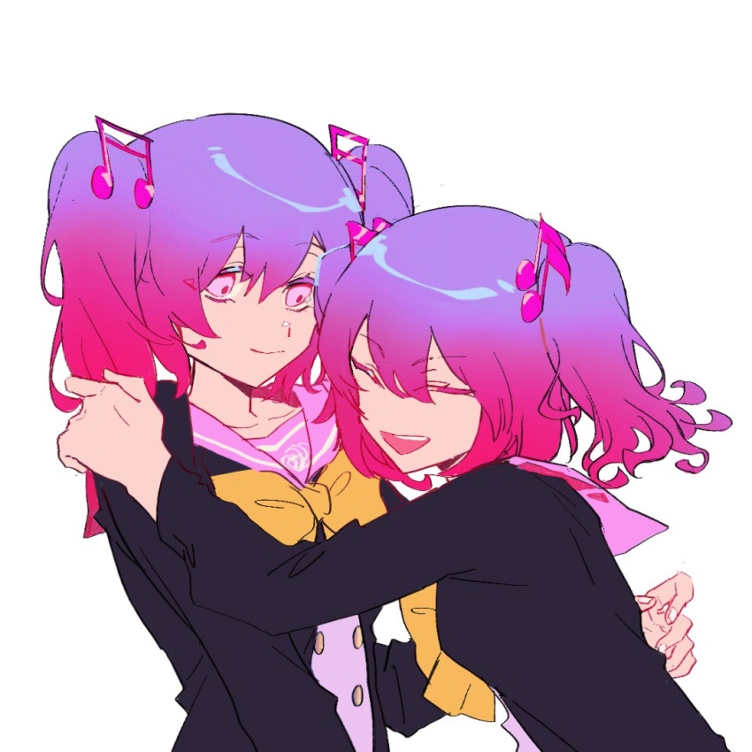 2girls, black_jacket, buttons, closed_eyes, closed_mouth, collarbone, danganronpa_another, fortissimo