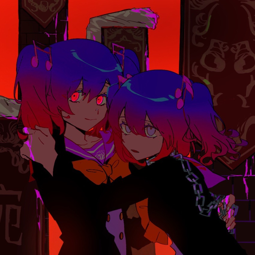 2girls, @_@, black_jacket, blood, blood_on_hands, blue_hair, buttons, chain