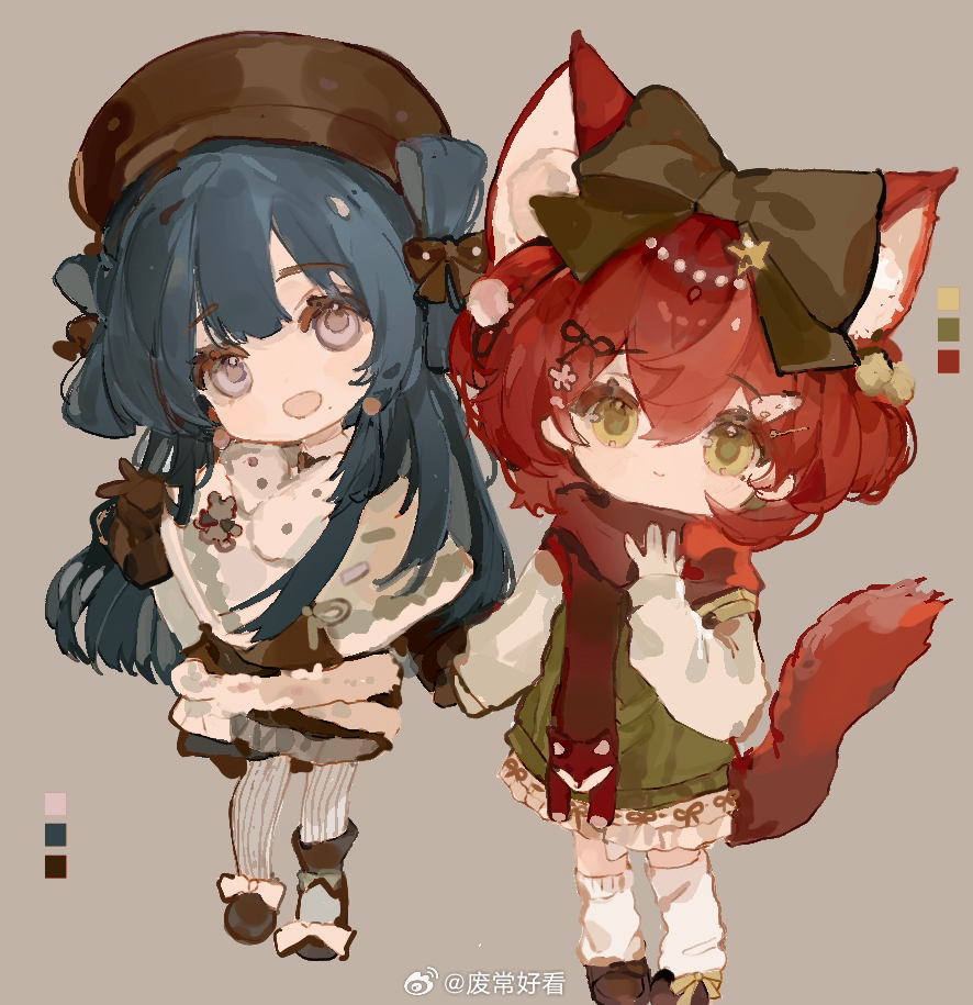 2girls, adjusting_scarf, animal_ear_fluff, animal_ears, animal_scarf, beads, beret, black_boots