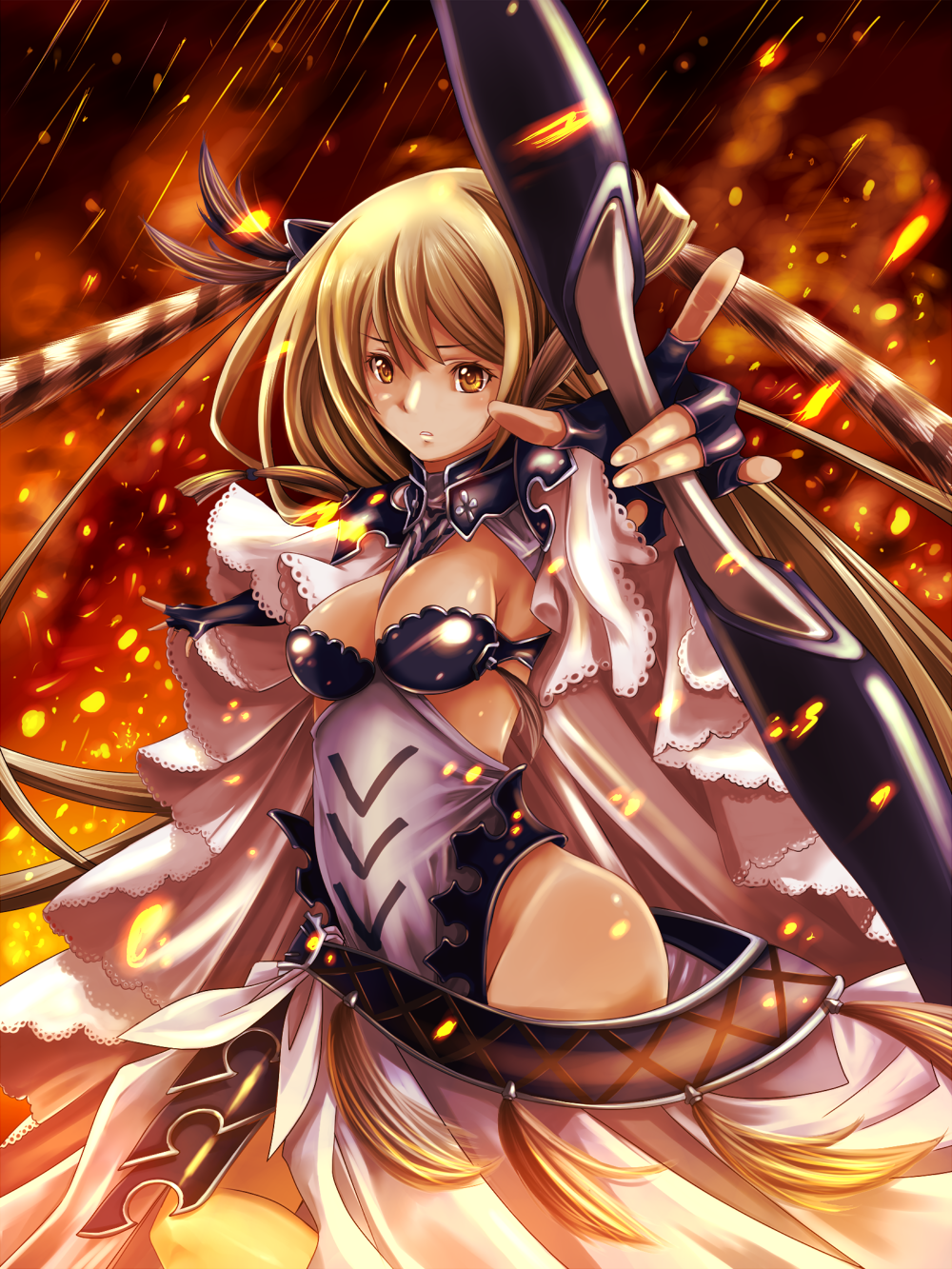 1girl, armor, blonde_hair, bow_(weapon), breasts, female_focus, fingerless_gloves, gloves