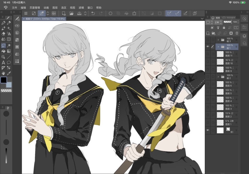 1boy, art_program_in_frame, black_serafuku, black_shirt, black_skirt, braid, clip_studio_paint, clip_studio_paint_(medium)