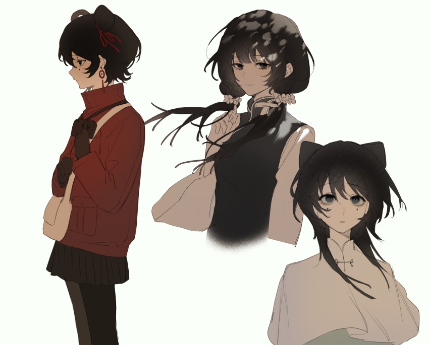 3girls, black_eyes, black_gloves, black_hair, black_pants, black_skirt, black_vest, camera