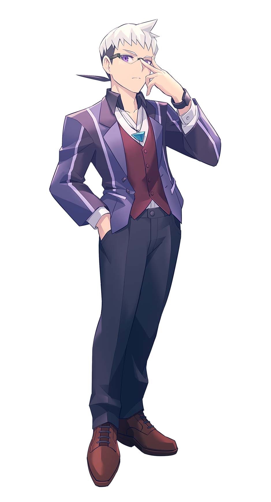 1boy, adjusting_eyewear, azure_striker_gunvolt, azure_striker_gunvolt_3, black_hair, black_pants, full_body, glasses