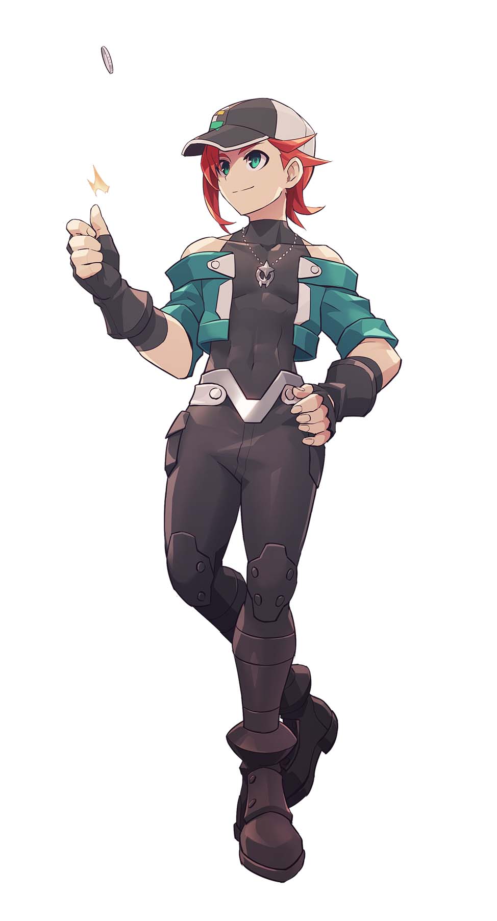 1boy, azure_striker_gunvolt, azure_striker_gunvolt_3, b.b._(gunvolt), bare_shoulders, baseball_cap, black_bodysuit, black_gloves