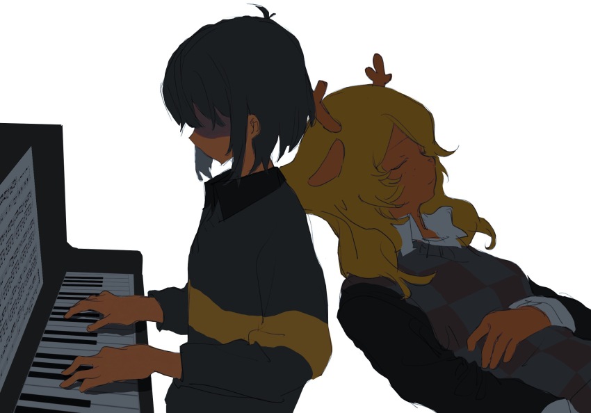 1girl, 1other, antlers, black_hair, black_shirt, blonde_hair, checkered_clothes, checkered_sweater_vest, chinese_commentary, closed_eyes, closed_mouth, commentary, commentary_request, deer_girl, deltarune, english_commentary, furry, furry_female, grey_sweater, grey_sweater_vest, highres, horns, huidu, instrument, kris_(deltarune), layered_sleeves, long_hair, long_sleeves, mixed-language_commentary, music, noelle_holiday, piano, playing_instrument, reindeer_antlers, reindeer_girl, shaded_face, sheet_music, shirt, short_hair, short_over_long_sleeves, short_sleeves, simple_background, sweater, sweater_vest, utdr_(toby_fox), white_background, white_shirt