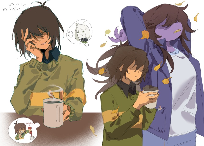 1boy, 1girl, 1other, ?, arms_behind_back, black_shirt, blue_jacket, bottle