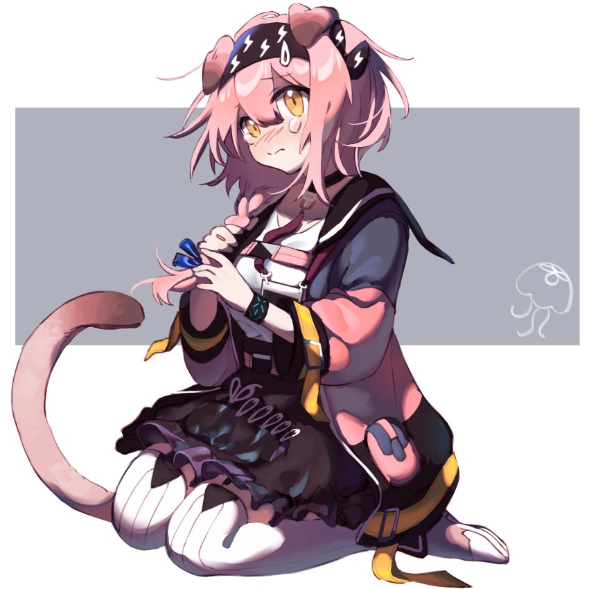 1girl, animal_ears, arknights, black_choker, black_hairband, black_skirt, blue_ribbon, blush