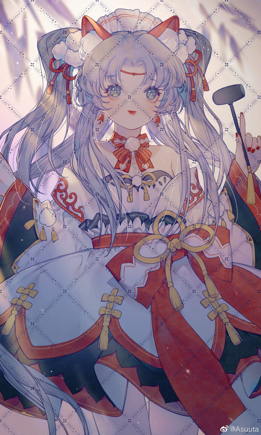 1girl, animal_ear_fluff, animal_ears, aqua_eyes, asuuta, bare_shoulders, blunt_bangs, bow