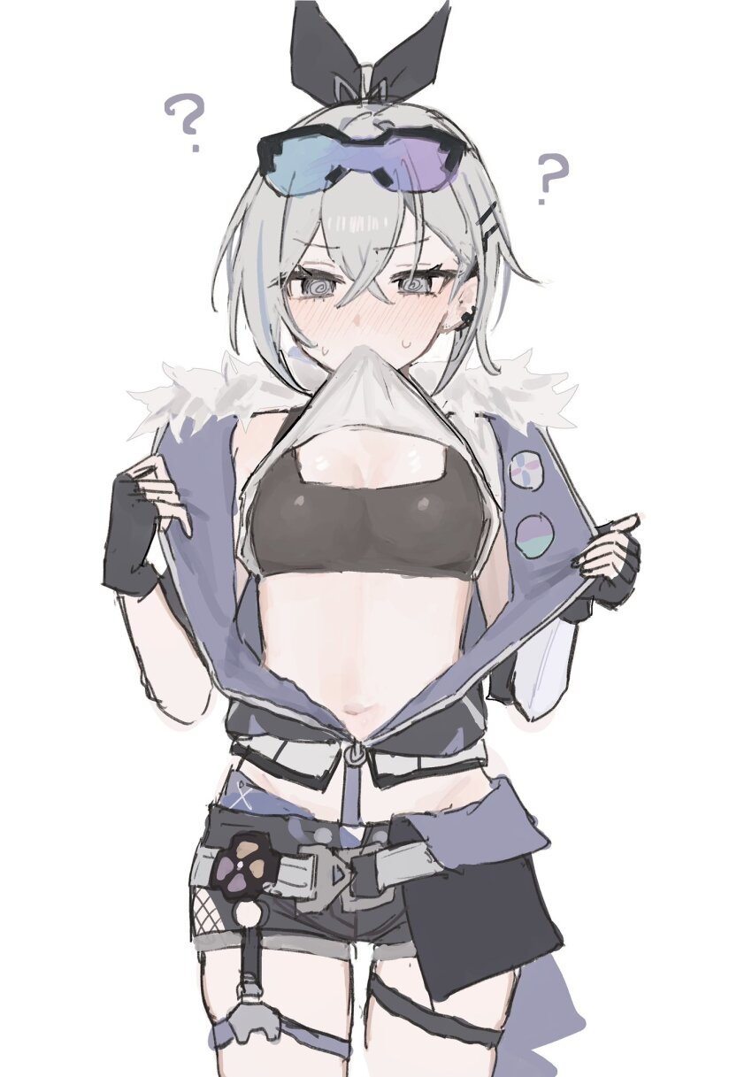 1girl, ?, @_@, black_gloves, black_shorts, blush, breasts, clothes_in_mouth