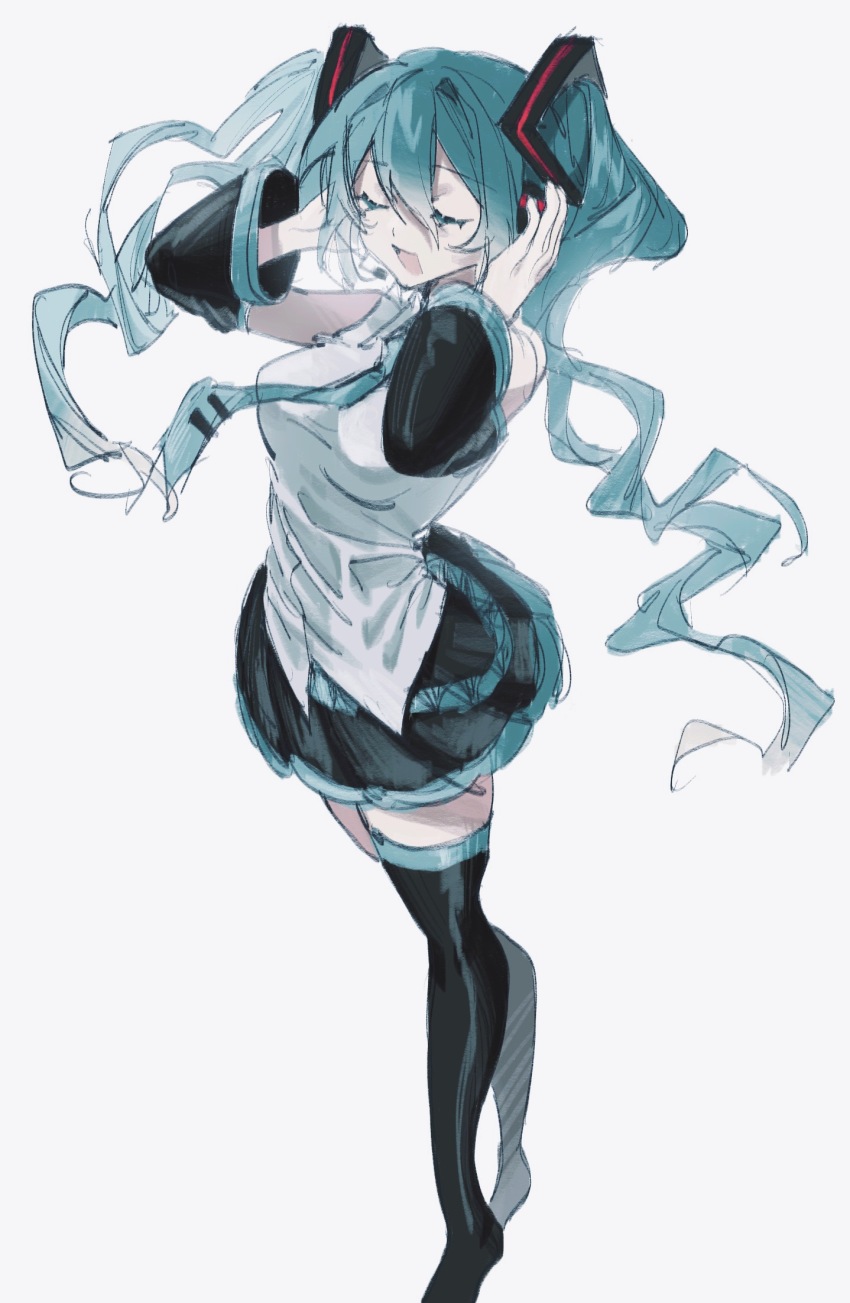 1girl, aqua_hair, aqua_necktie, aqua_trim, black_boots, black_gloves, black_skirt, boots