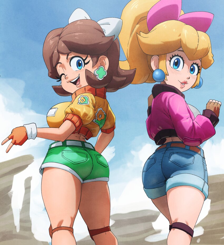 2girls, absurdres, ass, ass_focus, bare_legs, blue_shorts, denim, denim_shorts