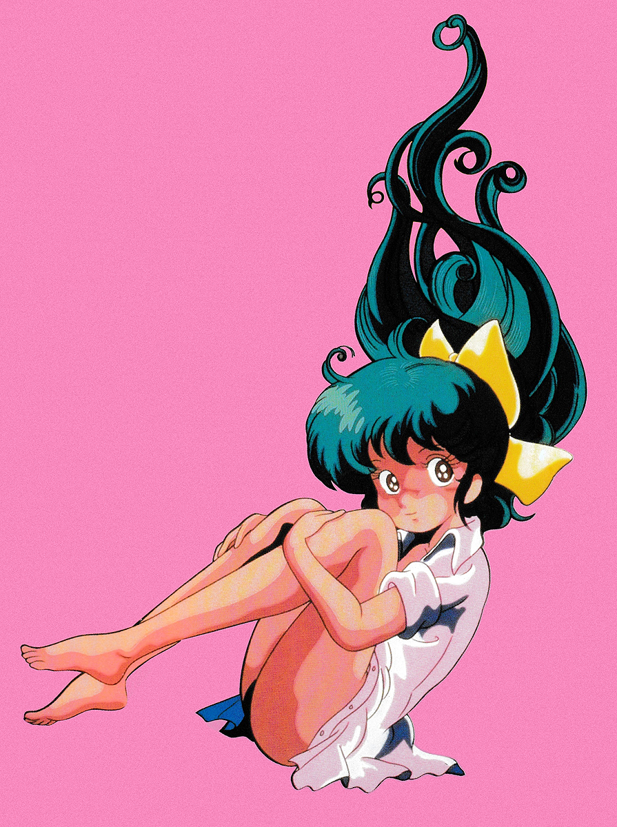 1980s_(style), 1girl, barefoot, bow, brown_eyes, fetal_position, floating_hair, green_hair, hair_bow, highres, hugging_own_legs, lolita_anime, long_hair, looking_at_viewer, miu_(lolita_anime), naked_shirt, non-web_source, official_art, oldschool, open_clothes, open_shirt, pink_background, plantar_flexion, retro_artstyle, scan, shirt, short_sleeves, simple_background, smile, solo, unbuttoned, white_shirt