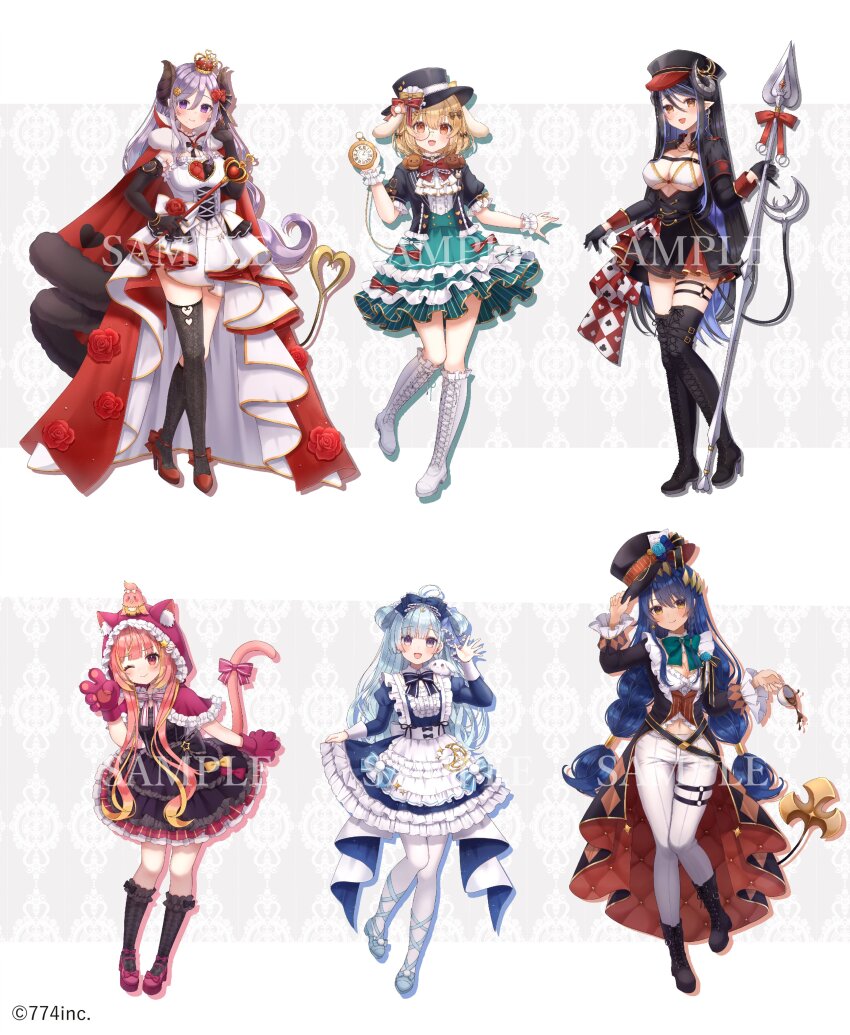 6+girls, :d, absurdres, alternate_costume, amaui, animal, animal_on_head, apron