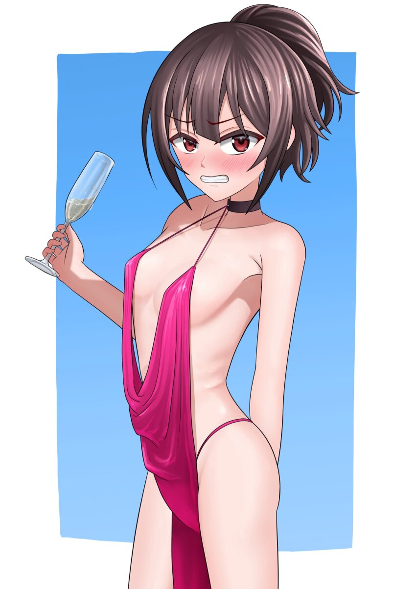 1girl, alcohol, alternate_costume, backless_dress, backless_outfit, blush, brown_hair, champagne, champagne_flute, cup, dress, drinking_glass, highres, kawaseri1, kono_subarashii_sekai_ni_shukufuku_wo!, loli, looking_at_viewer, megumin, panties, pink_dress, pink_panties, ponytail, red_eyes, solo, underwear