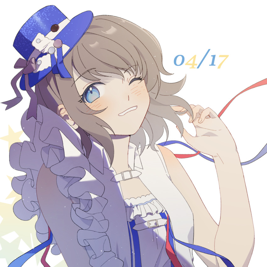 1girl, beginners_sailing, blue_eyes, brown_hair, grey_hair, hat, highres, looking_at_viewer, love_live!, love_live!_sunshine!!, ribbon, short_hair, solo, watanabe_you