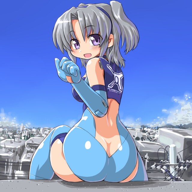 10s, 1girl, ass, bad_id, bad_pixiv_id, bare_shoulders, busou_shinki, butt_crack, day, dd_(ijigendd), doll_joints, elbow_gloves, female_focus, from_behind, gloves, joints, leotard, long_hair, looking_back, open_mouth, power_lines, purple_eyes, raptias, silver_hair, sitting, sky, solo, thighhighs, twintails, utility_pole