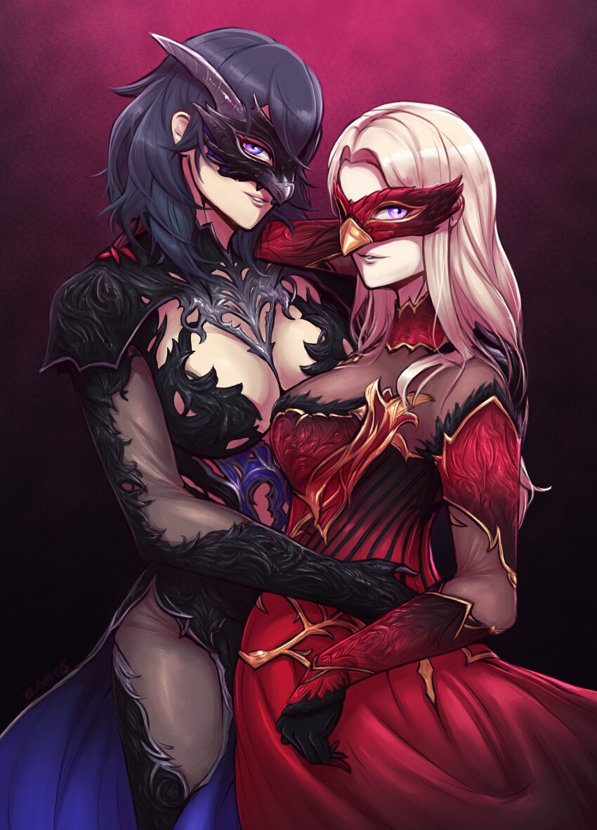 2girls, absurdres, arms_around_another's_waist, blonde_hair, blue_hair, breasts, bugyakis, cleavage, commentary, domino_mask, dress, edelgard_von_hresvelg, english_commentary, eye_mask, female_byleth_(fire_emblem), fire_emblem, fire_emblem:_three_houses, highres, large_breasts, looking_at_viewer, mask, medium_hair, multiple_girls, nintendo, purple_eyes, red_dress, simple_background, smile, yuri