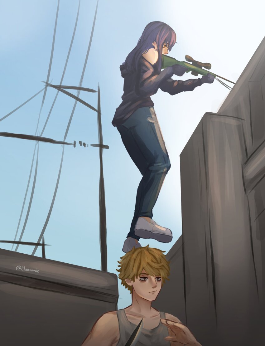 1boy, 1girl, absurdres, black_gloves, black_hair, blonde_hair, blue_pants, blue_sky