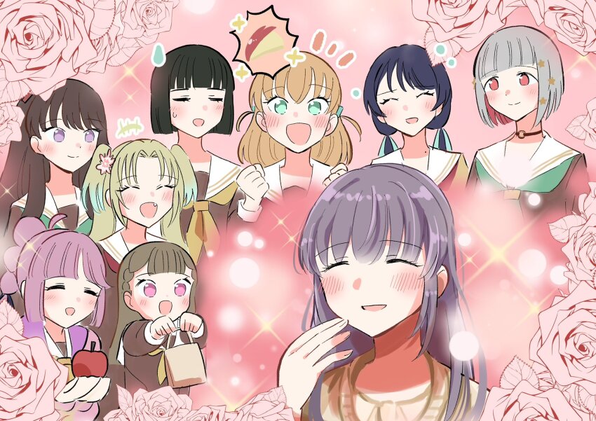 +++, 6+girls, :d, ^_^, anyoji_hime, apple, apple_rabbit, aqua_neckerchief