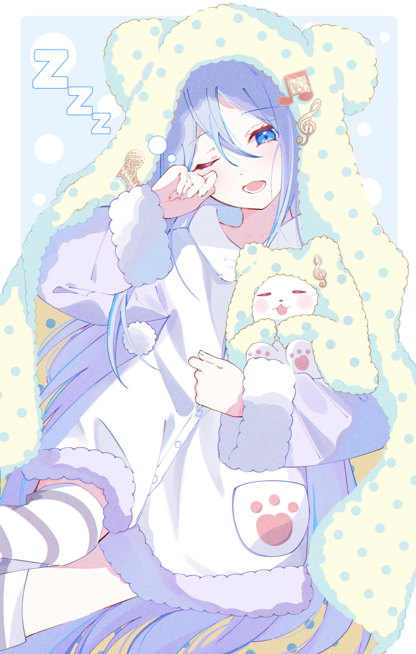 1girl, absurdres, animal_ears, animal_hood, bear_ears, bear_hood, blanket, blue_eyes