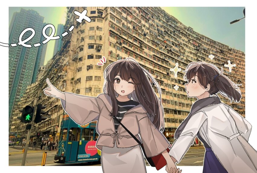 2girls, akagi_(kancolle), akagi_(kure_2019)_(kancolle), bag, blush, brown_eyes, brown_hair, building