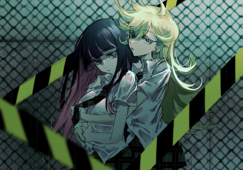 2girls, black_hair, blonde_hair, blue_eyes, breasts, caution_tape, chain-link_fence, chinese_commentary