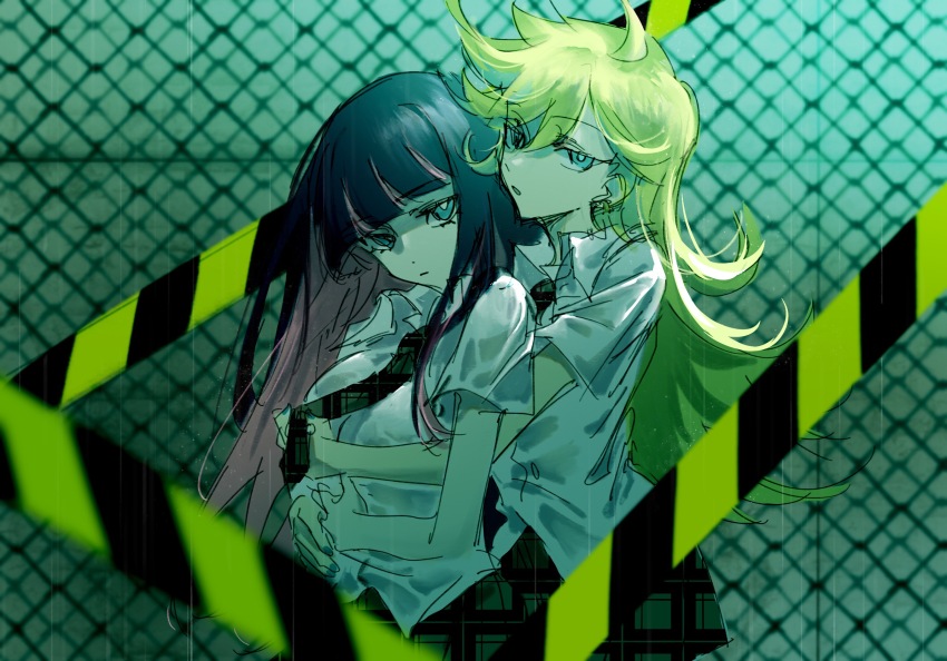 2girls, black_hair, blonde_hair, blue_eyes, breasts, caution_tape, chain-link_fence, chinese_commentary, closed_mouth, collared_shirt, colored_inner_hair, commentary_request, fence, hand_on_another's_stomach, hand_on_own_stomach, highres, hime_cut, holding_necktie, huidu, large_breasts, long_hair, multicolored_hair, multiple_girls, necktie, outdoors, panty_&amp;_stocking_with_garterbelt, panty_(psg), parted_lips, pink_hair, plaid_clothes, plaid_necktie, plaid_skirt, rain, school_uniform, shirt, short_sleeves, skirt, stocking_(psg), two-tone_hair, unmoving_pattern, variant_set, white_shirt