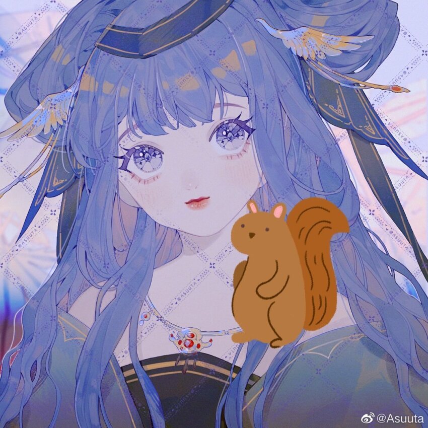 1girl, asuuta, bare_shoulders, bird, bird_hair_ornament, black_bow, black_dress, blue_eyes