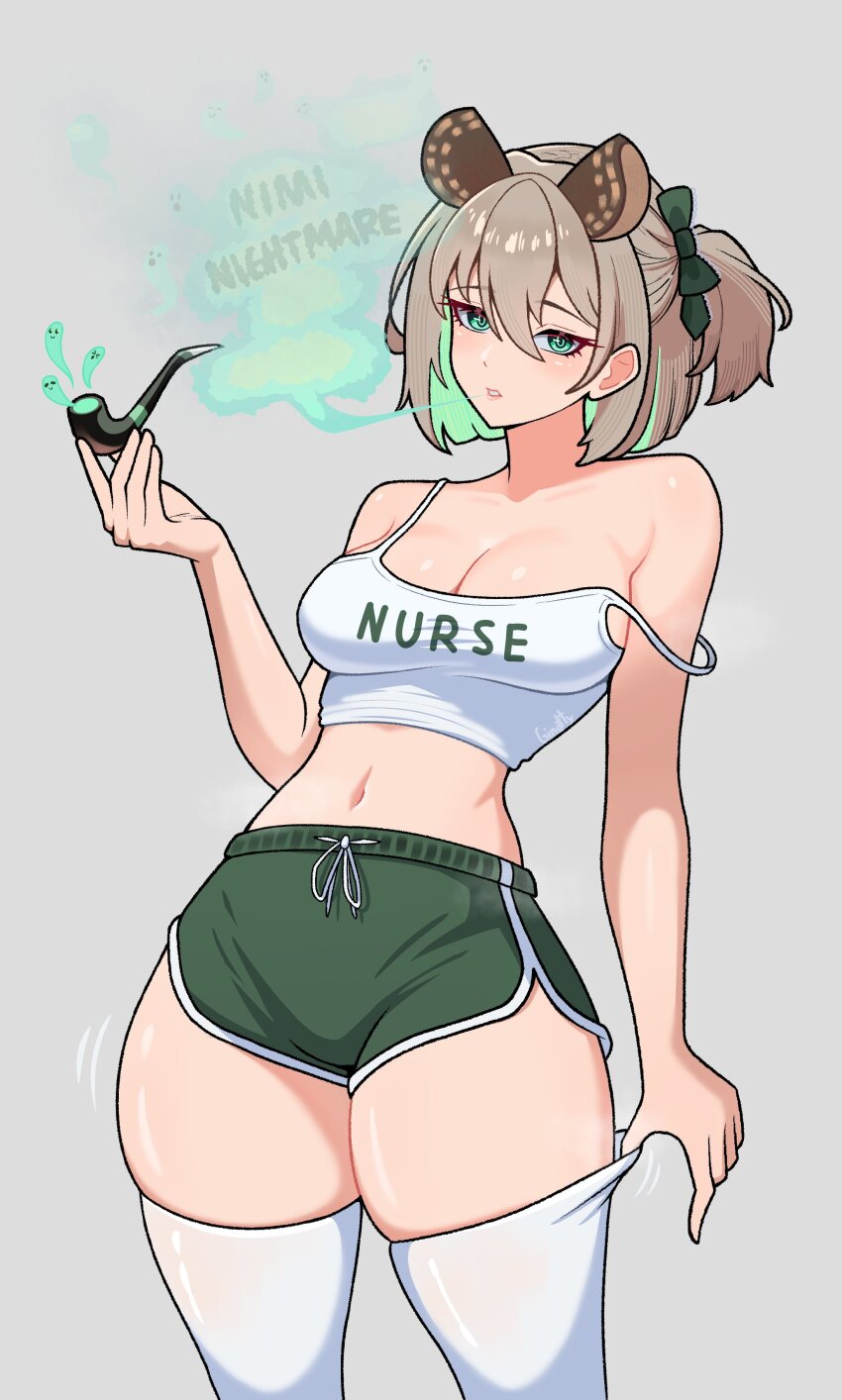 1girl, absurdres, alternate_costume, animal_ears, breasts, camisole, character_name, cleavage