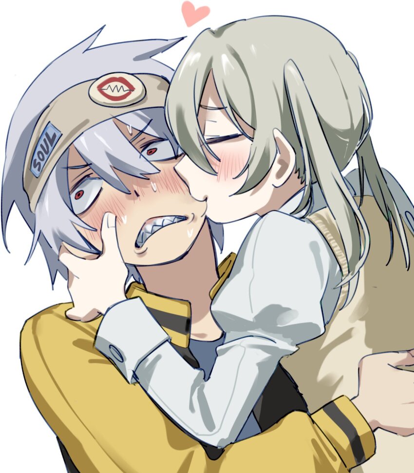 1boy, 1girl, blonde_hair, blush, cheek_sucking, closed_eyes, hand_on_another's_face, highres