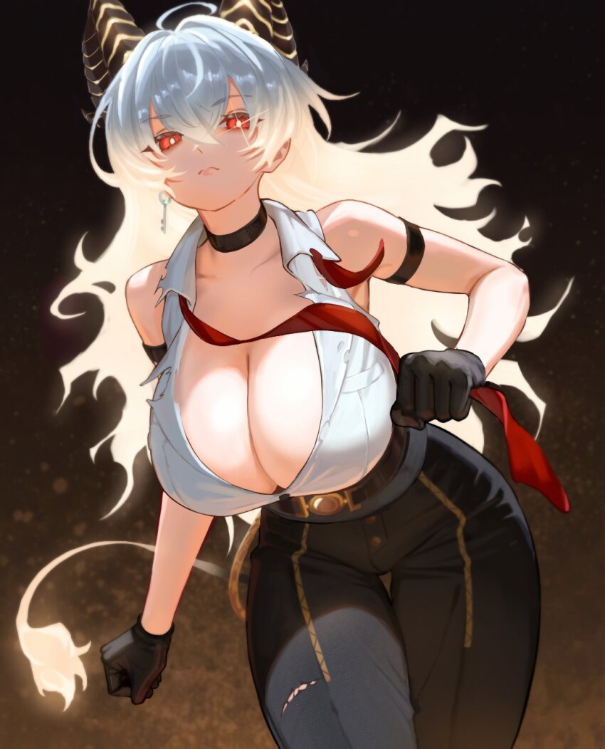 1girl, ahoge, armband, bare_shoulders, black_armband, black_choker, black_gloves, black_horns, black_pants, breasts, choker, cleavage, clenched_hands, closed_mouth, collared_shirt, commentary, curled_horns, earrings, gloves, high-waist_pants, highres, horns, huge_breasts, jewelry, key_earrings, large_breasts, leaning_forward, long_hair, loose_necktie, necktie, nitsuga_zenitram, pants, red_eyes, red_necktie, shirt, sleeveless, sleeveless_shirt, solo, thigh_gap, tight_clothes, tight_pants, white_shirt, wuthering_waves, zani_(wuthering_waves)