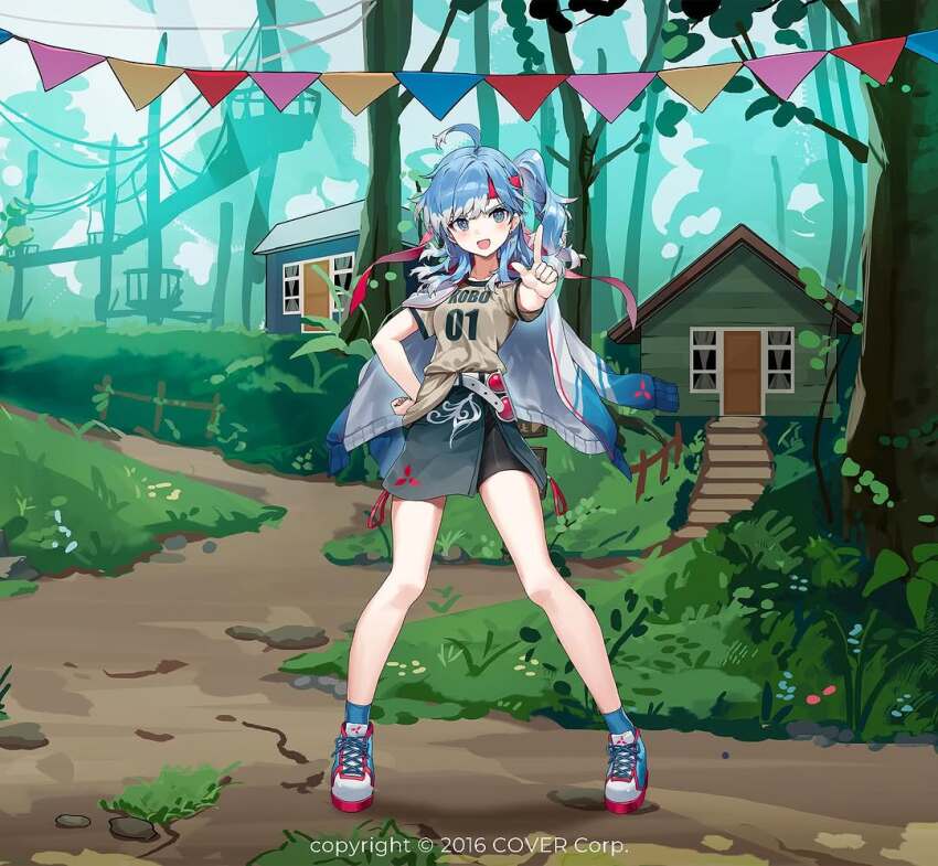 1girl, ahoge, alternate_costume, ankle_socks, asymmetrical_bangs, belt, black_shorts, blue-framed_eyewear