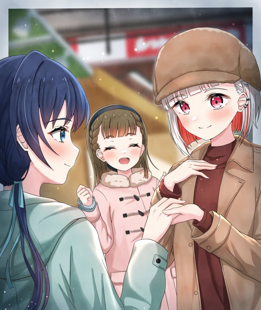 3girls, aqua_coat, black_hairband, blue_hair, blue_ribbon, blunt_bangs, blush, border