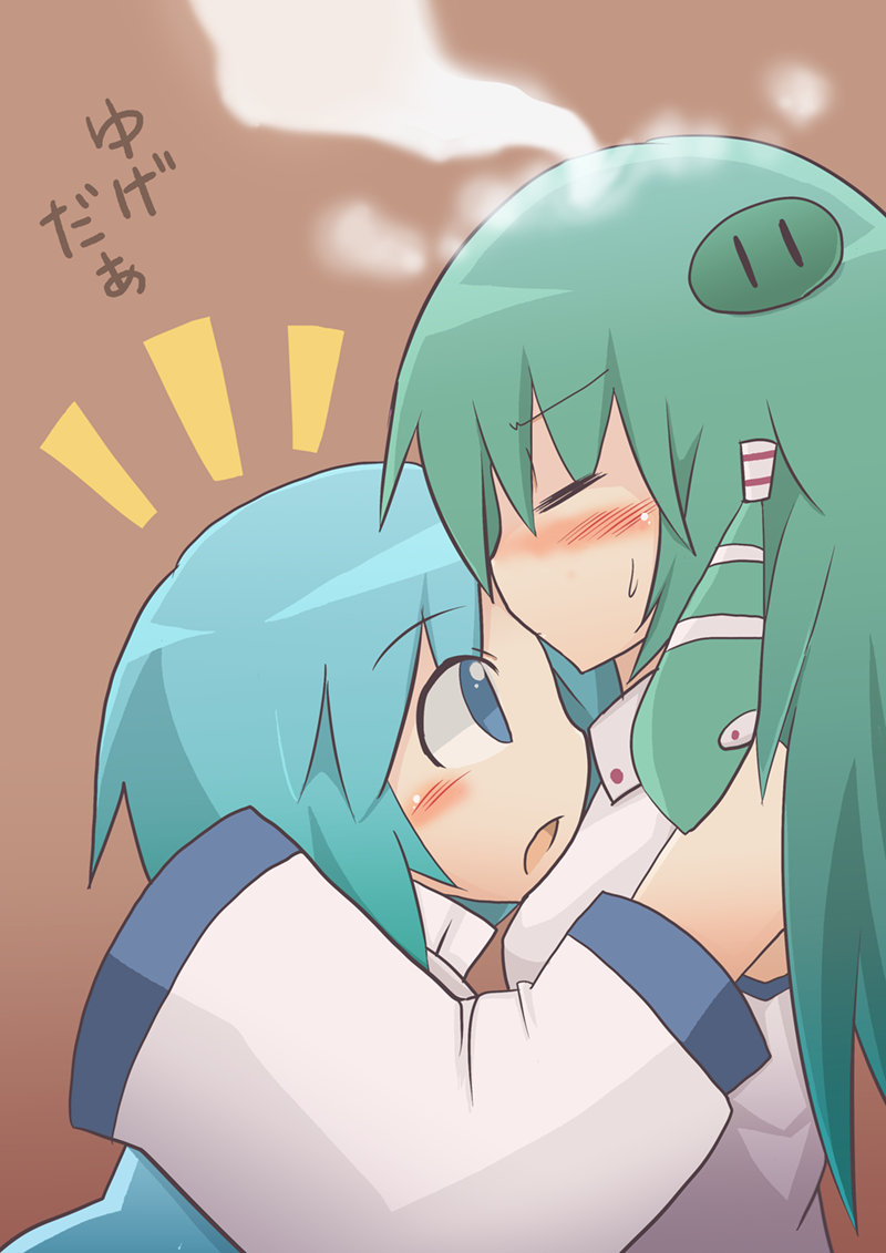 2girls, bad_id, bad_pixiv_id, blue_eyes, blue_hair, blush, detached_sleeves, closed_eyes