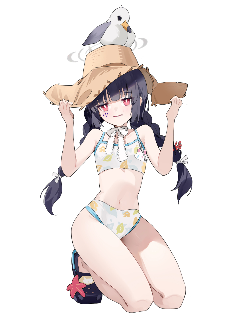 1girl, absurdres, animal, animal_on_head, bare_arms, bikini, bird, bird_on_head