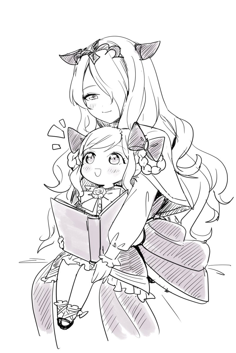 2girls, :d, aged_down, book, bow, braid, braided_hair_rings, camilla_(fire_emblem)