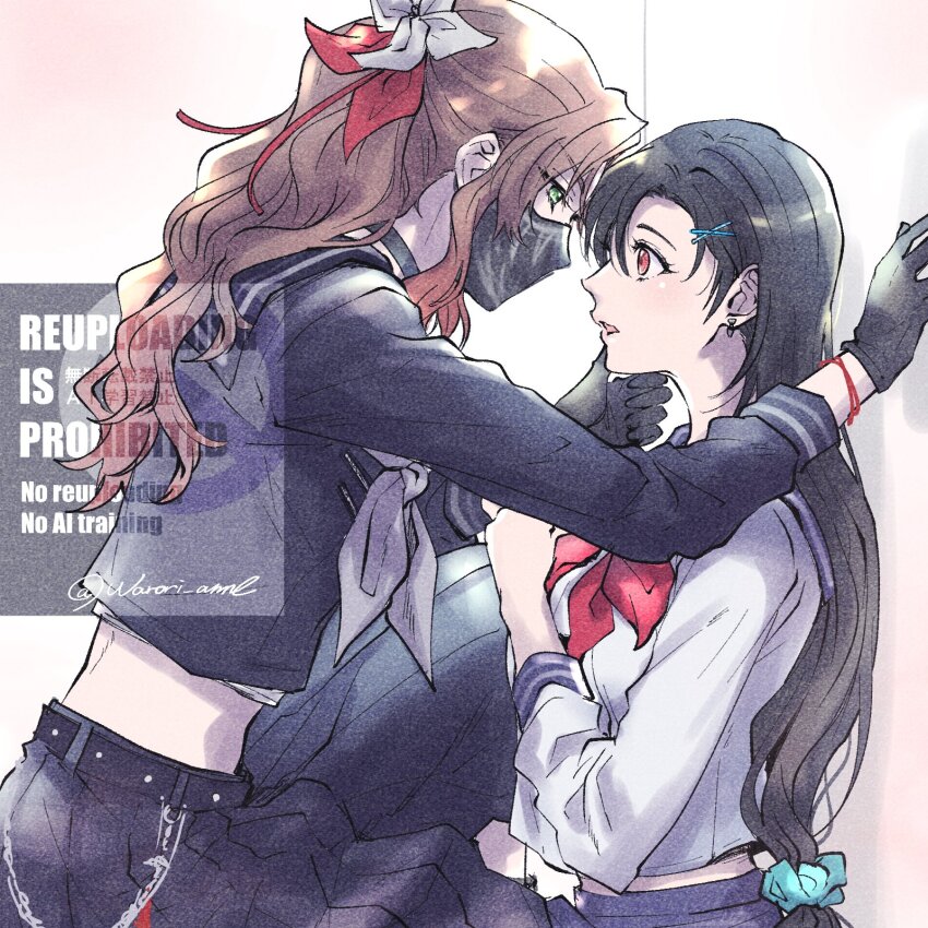 2girls, aerith_gainsborough, aerith_gainsborough_(midgard_seventh_high_school), aqua_scrunchie, bandaged_chest, belt, black_belt, black_choker