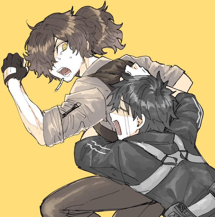 2boys, beard_stubble, belt_pouch, black_gloves, black_hair, black_shirt, brown_hair, brown_pants