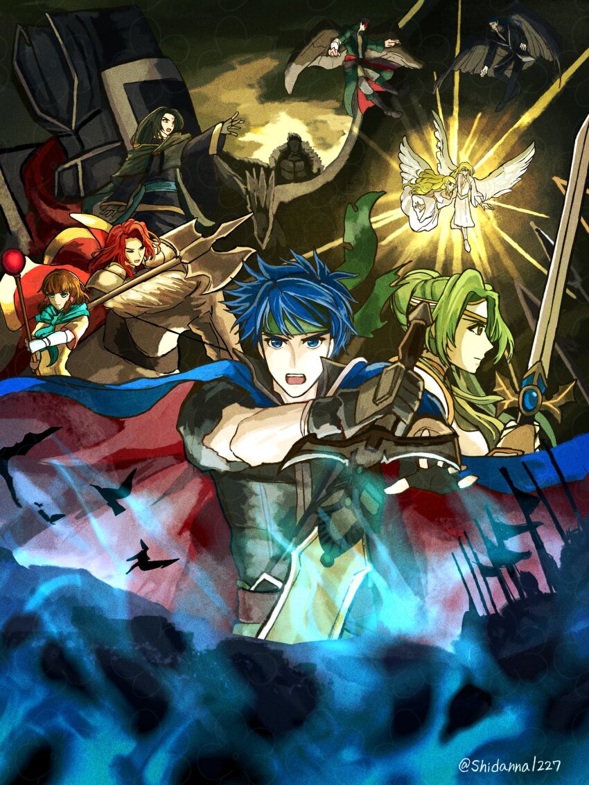 4girls, 6+boys, armor, artist_name, ashnard_(fire_emblem), barding, black_knight_(fire_emblem), blue_eyes